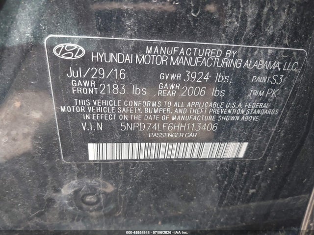 2017 Hyundai Elantra Se მანქანა იყიდება აუქციონზე, vin: 5NPD74LF6HH113406, აუქციონის ნომერი: 45554948