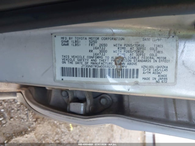 1998 Toyota 4runner Sr5 V6 Limited მანქანა იყიდება აუქციონზე, vin: JT3GN87R0W0068220, აუქციონის ნომერი: 45554959