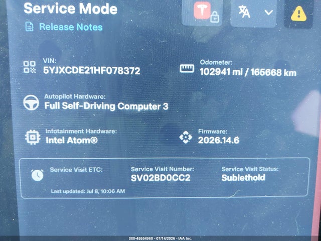 45554960 :رقم المزاد ، 5YJXCDE21HF078372 vin ، 2017 Tesla Model X 100d/75d/90d مزاد بيع