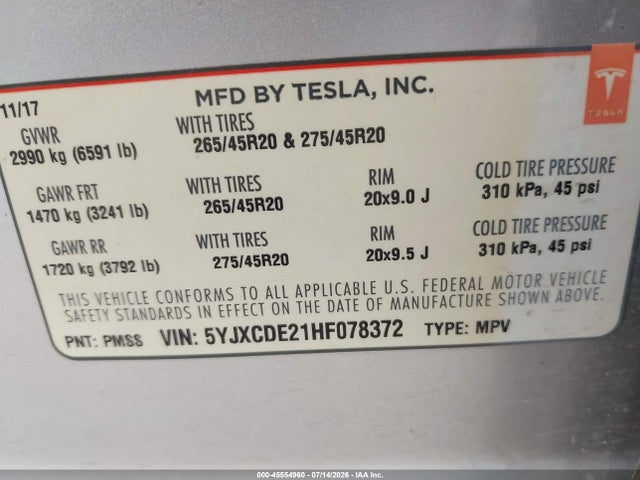 45554960 :رقم المزاد ، 5YJXCDE21HF078372 vin ، 2017 Tesla Model X 100d/75d/90d مزاد بيع