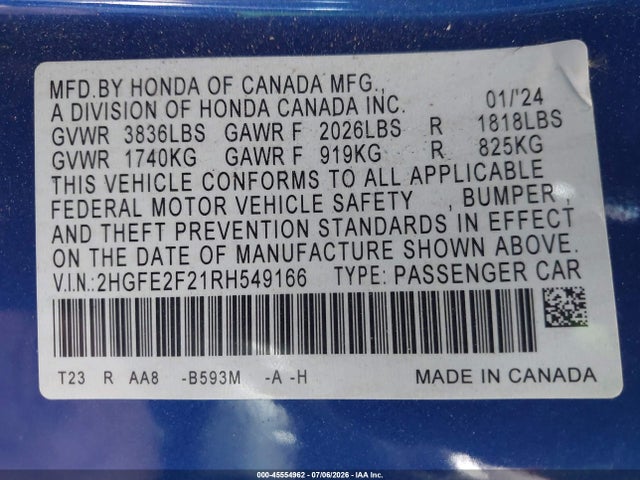 Honda Civic Lx 2024 2HGFE2F21RH549166 Image 9