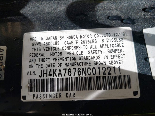 45554966 :رقم المزاد ، JH4KA7676NC012211 vin ، 1992 Acura Legend Ls مزاد بيع