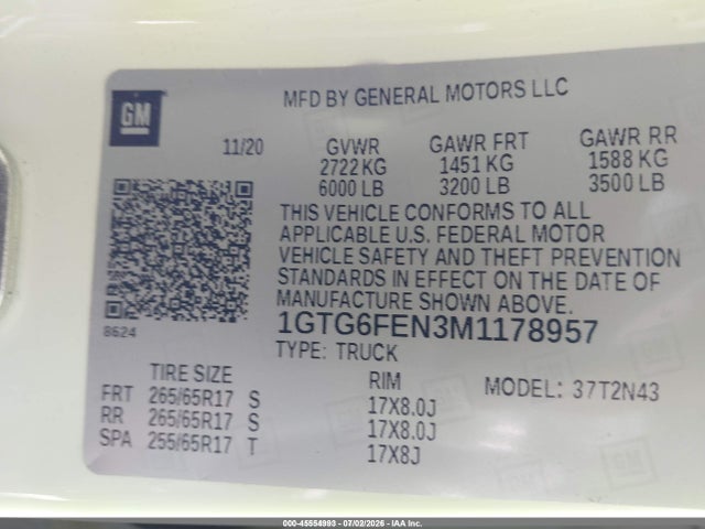 Продаж на аукціоні авто 2021 Gmc Canyon 4wd  Short Box At4 - Cloth, vin: 1GTG6FEN3M1178957, номер лоту: 45554993