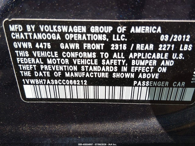 2012 Volkswagen Passat 2.5l Se მანქანა იყიდება აუქციონზე, vin: 1VWBH7A39CC066212, აუქციონის ნომერი: 45554997