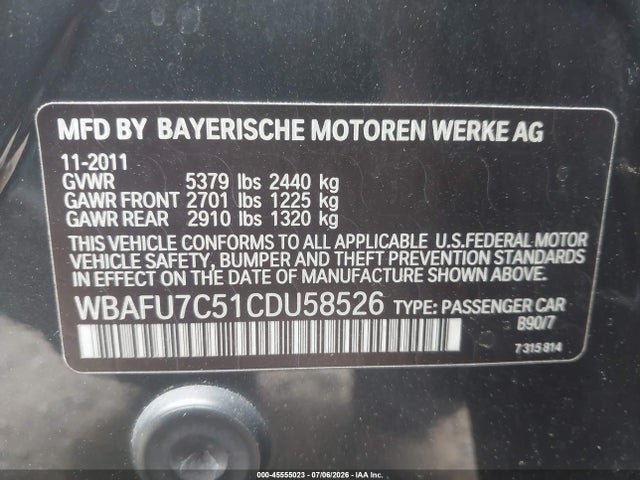 Aukcja sprzedaży 2012 Bmw 535i Xdrive, vin: WBAFU7C51CDU58526, numer aukcji: 45555023