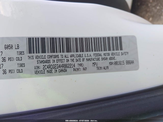 Aukcja sprzedaży 2017 Dodge Grand Caravan Gt, vin: 2C4RDGEG4HR862214, numer aukcji: 45555024