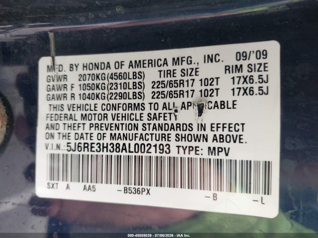 2010 Honda Cr-v Lx მანქანა იყიდება აუქციონზე, vin: 5J6RE3H38AL002193, აუქციონის ნომერი: 45555039