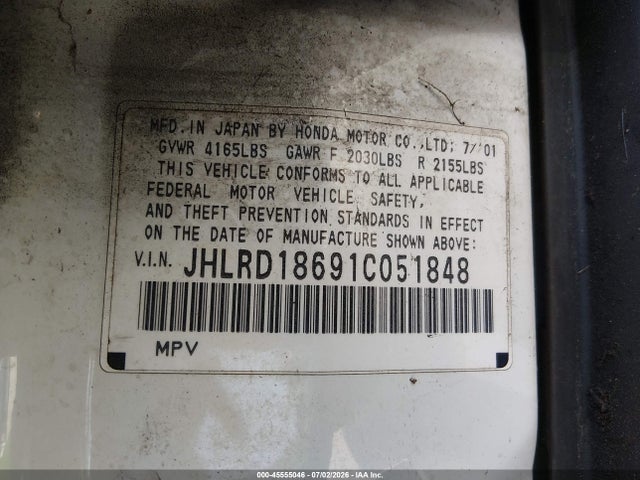 Aukcja sprzedaży 2001 Honda Cr-v Ex, vin: JHLRD18691C051848, numer aukcji: 45555046