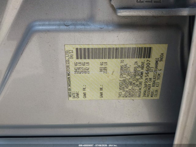 Продажа на аукционе авто 2012 Nissan Altima 2.5 S, vin: 1N4AL2AP3CN566007, номер лота: 45555057
