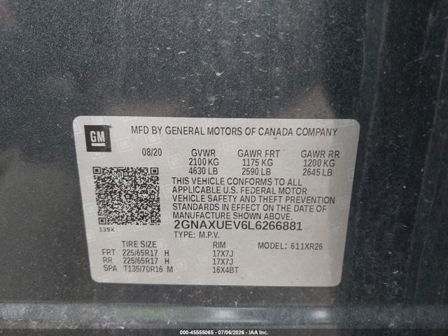 Продаж на аукціоні авто 2020 Chevrolet Equinox Awd Lt 1.5l Turbo, vin: 2GNAXUEV6L6266881, номер лоту: 45555065