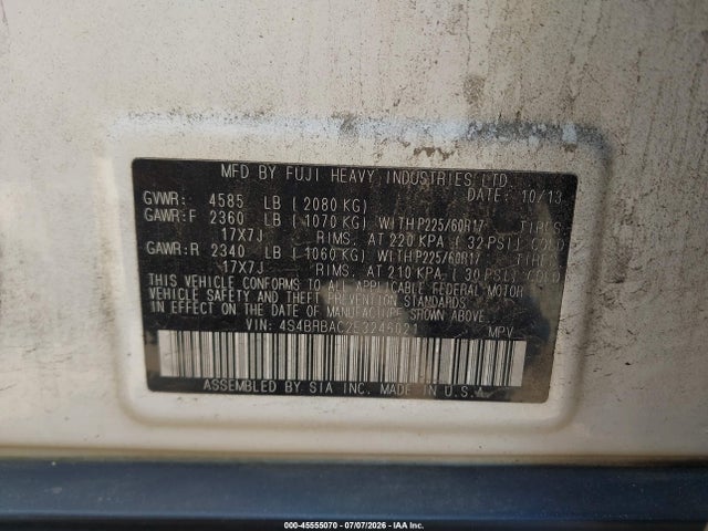 2014 Subaru Outback 2.5i მანქანა იყიდება აუქციონზე, vin: 4S4BRBAC2E3246021, აუქციონის ნომერი: 45555070