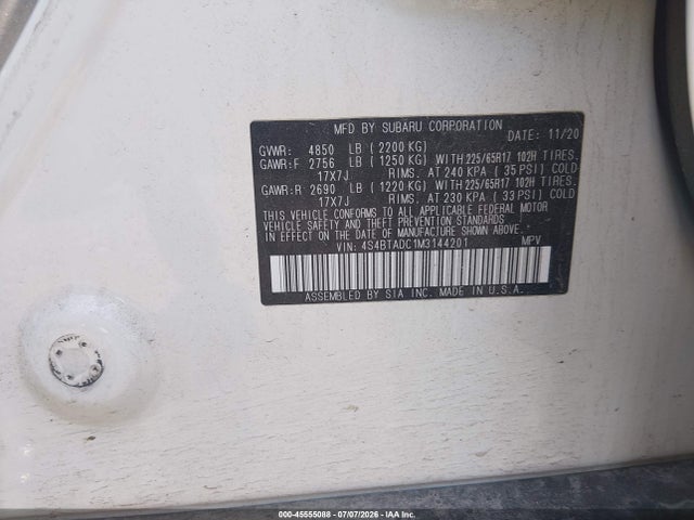 Aukcja sprzedaży 2021 Subaru Outback Premium, vin: 4S4BTADC1M3144201, numer aukcji: 45555088