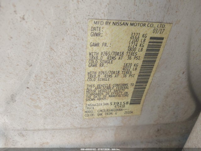 2017 Nissan Titan S მანქანა იყიდება აუქციონზე, vin: 1N6AA1EK3HN539158, აუქციონის ნომერი: 45555102
