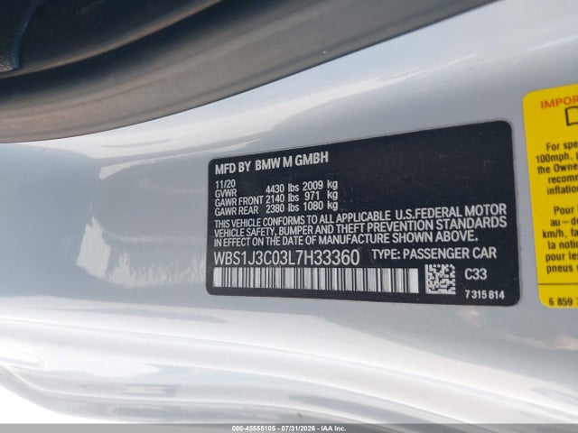 45555105 :رقم المزاد ، WBS1J3C03L7H33360 vin ، 2020 Bmw M2 Cs مزاد بيع