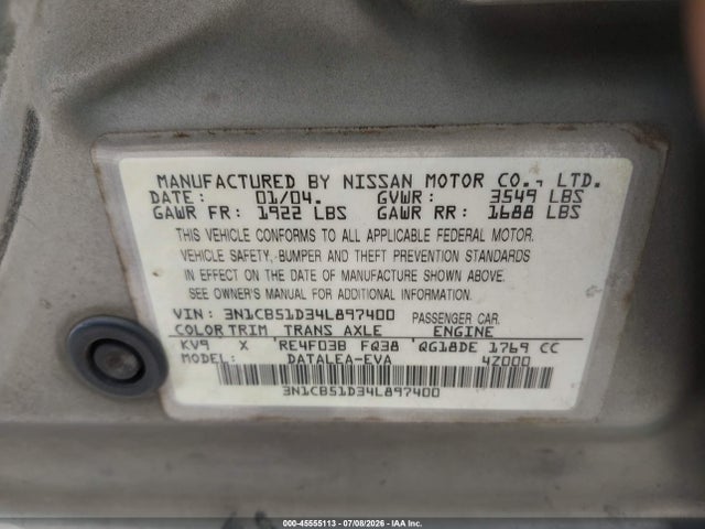 2004 Nissan Sentra 1.8s მანქანა იყიდება აუქციონზე, vin: 3N1CB51D34L897400, აუქციონის ნომერი: 45555113