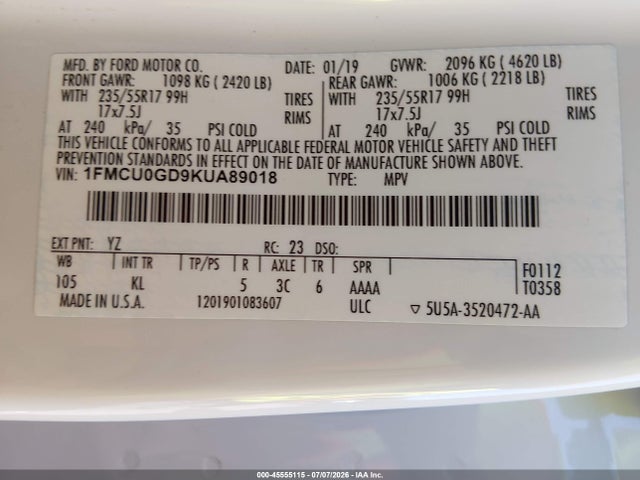 Ford ESCAPE SE 2019 1FMCU0GD9KUA89018 Image 9