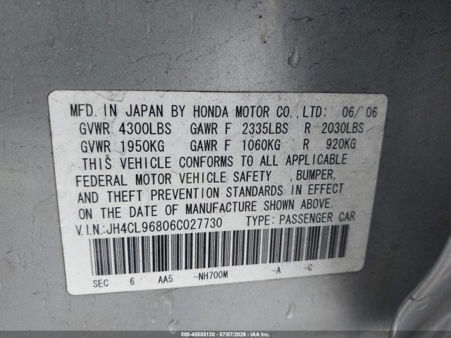 45555130 :رقم المزاد ، JH4CL96806C027730 vin ، 2006 Acura Tsx مزاد بيع