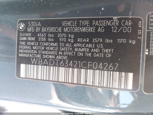 45555139 :رقم المزاد ، WBADT63421CF04267 vin ، 2001 Bmw 530ia مزاد بيع