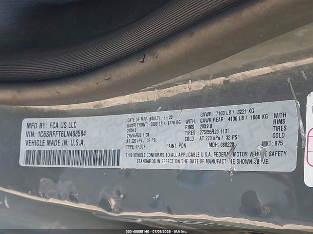 Aukcja sprzedaży 2020 Ram 1500 Big Horn  4x4 5'7 Box, vin: 1C6SRFFT6LN408584, numer aukcji: 45555140