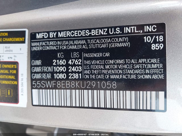 2019 Mercedes-benz C 300 4matic მანქანა იყიდება აუქციონზე, vin: 55SWF8EB8KU291058, აუქციონის ნომერი: 45555167