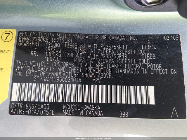 45555177 :رقم المزاد ، 2T2GA31U85C031018 vin ، 2005 Lexus Rx 330 مزاد بيع
