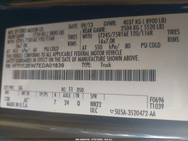 2014 Ford E-250 Commercial/recreational მანქანა იყიდება აუქციონზე, vin: 1FTNE2EW7EDA01839, აუქციონის ნომერი: 45555180