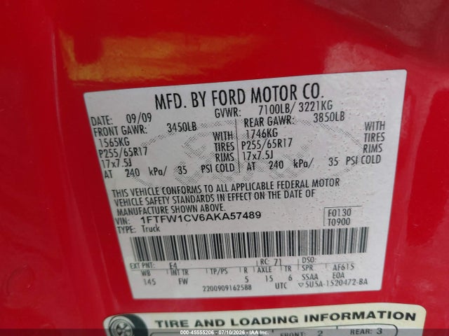 Продаж на аукціоні авто 2010 Ford F-150 Fx2 Sport/harley-davidson/king Ranch/lariat/platinum/xl/xlt, vin: 1FTFW1CV6AKA57489, номер лоту: 45555206