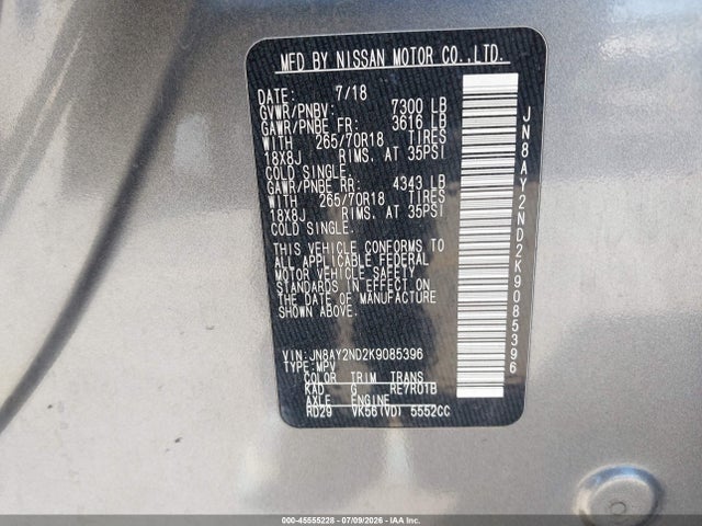 Продажа на аукционе авто 2019 Nissan Armada Sv, vin: JN8AY2ND2K9085396, номер лота: 45555228