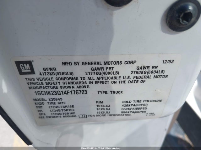Aukcja sprzedaży 2004 Chevrolet Silverado 2500hd Ls, vin: 1GCHK23G14F176723, numer aukcji: 45555233
