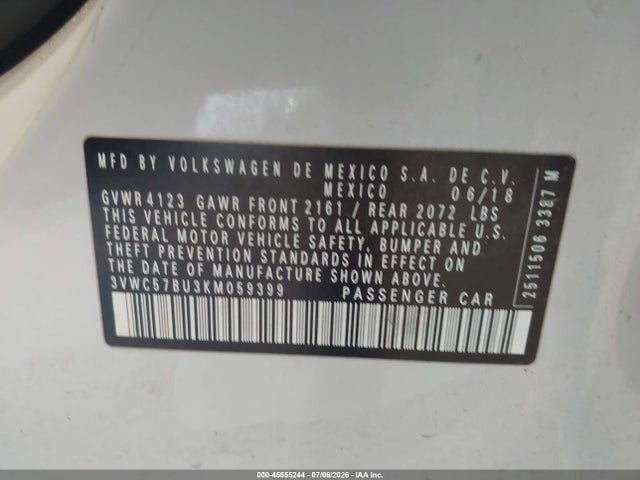 45555244 :رقم المزاد ، 3VWC57BU3KM059399 vin ، 2019 Volkswagen Jetta 1.4t R-line/1.4t S/1.4t Se مزاد بيع