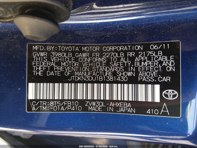 Auction sale of the 2011 Toyota Prius Two, vin: JTDKN3DU1B1381430, lot number: 45555255