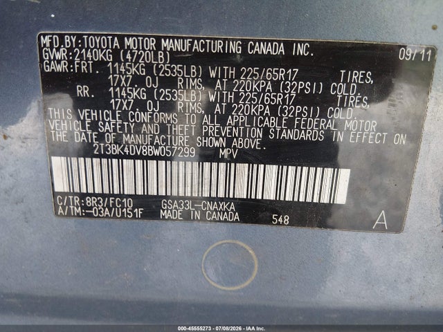Aukcja sprzedaży 2011 Toyota Rav4 Base V6, vin: 2T3BK4DV8BW057299, numer aukcji: 45555273