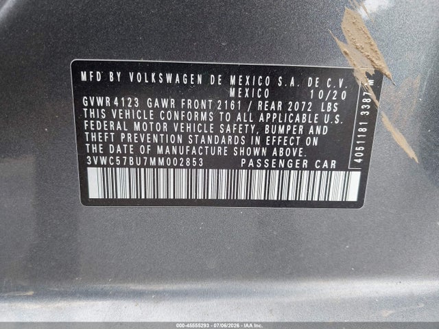 Aukcja sprzedaży 2021 Volkswagen Jetta 1.4t R-line/1.4t Se/s, vin: 3VWC57BU7MM002853, numer aukcji: 45555293