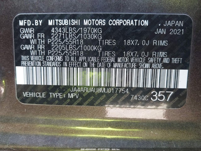2021 Mitsubishi Outlander Sport 2.0 Be Awc/2.0 Es Awc/2.0 Le Awc/2.0 Se Awc მანქანა იყიდება აუქციონზე, vin: JA4ARUAU8MU017754, აუქციონის ნომერი: 45555300