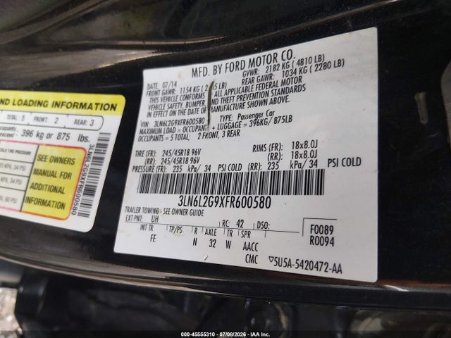 Продаж на аукціоні авто 2015 Lincoln Mkz, vin: 3LN6L2G9XFR600580, номер лоту: 45555310