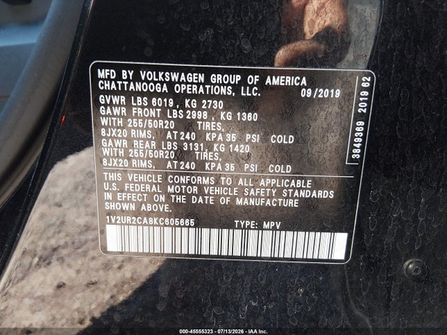 Aukcja sprzedaży 2019 Volkswagen Atlas 3.6l V6 Se W/technology, vin: 1V2UR2CA8KC605665, numer aukcji: 45555323