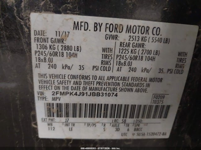 Aukcja sprzedaży 2018 Ford Edge Sel, vin: 2FMPK4J91JBB31074, numer aukcji: 45555353