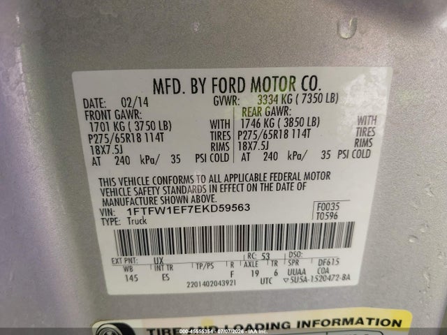 1FTFW1EF7EKD59563 Ford F-150 Fx4/king Ranch/lariat/platinum/stx/xl/xlt