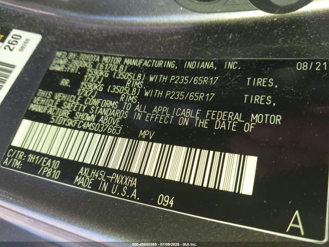Toyota SIENNA XLE 2021 5TDYSKFC4MS037663 Image 9
