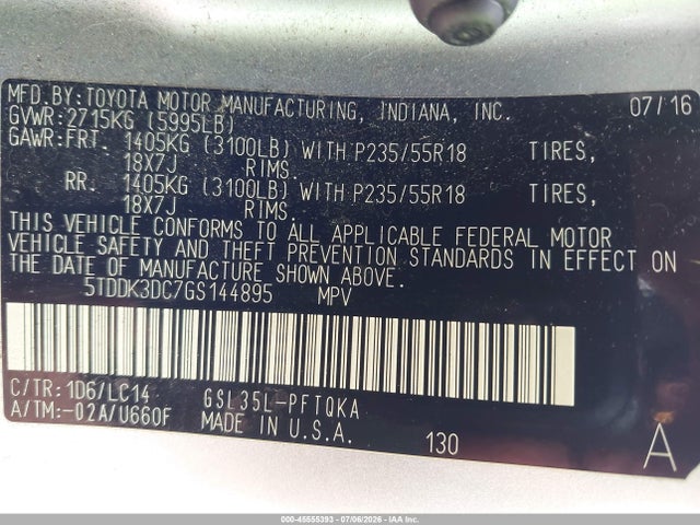 Продажа на аукционе авто 2016 Toyota Sienna Xle 7 Passenger, vin: 5TDDK3DC7GS144895, номер лота: 45555393