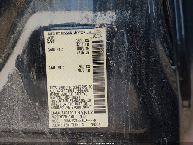 Nissan Altima 2.5 S 2015 1N4AL3AP4FC195817 Image 9