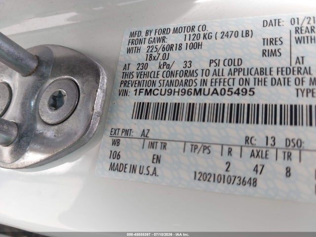 45555397 :رقم المزاد ، 1FMCU9H96MUA05495 vin ، 2021 Ford Escape Sel مزاد بيع