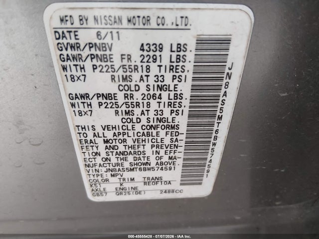 45555428 :رقم المزاد ، JN8AS5MT6BW574591 vin ، 2011 Nissan Rogue Sv مزاد بيع