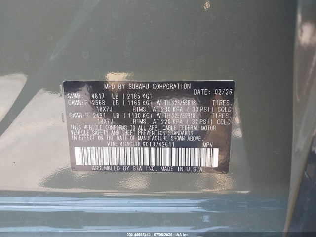 Продажа на аукционе авто 2026 Subaru Crosstrek Limited, vin: 4S4GUHL60T3742611, номер лота: 45555443