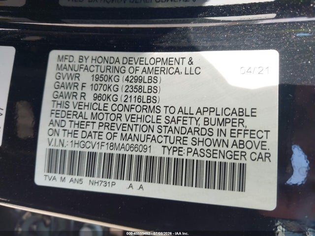 Honda ACCORD LX 2021 1HGCV1F18MA066091 Image 9