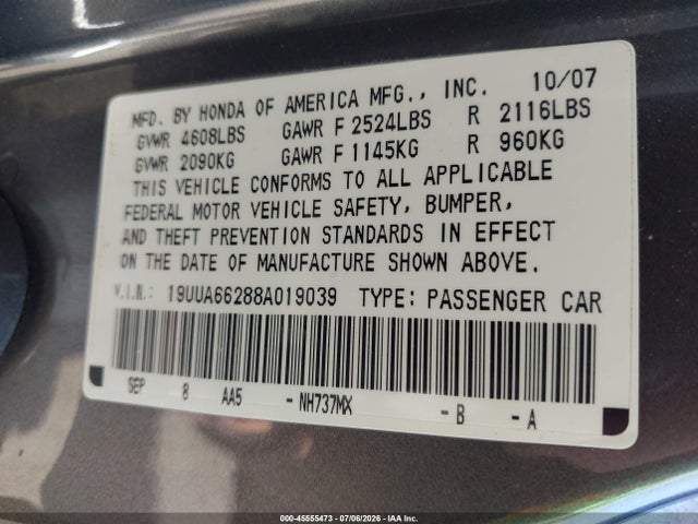 Aukcja sprzedaży 2008 Acura Tl 3.2, vin: 19UUA66288A019039, numer aukcji: 45555473