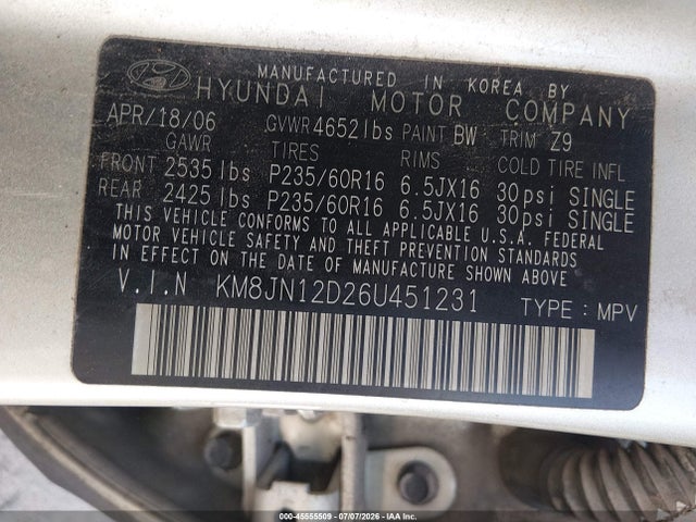 Продаж на аукціоні авто 2006 Hyundai Tucson Gls/limited, vin: KM8JN12D26U451231, номер лоту: 45555509