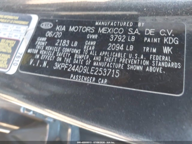 Продажа на аукционе авто 2020 Kia Forte Lxs, vin: 3KPF24AD9LE253715, номер лота: 45555513