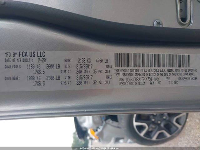Продаж на аукціоні авто 2020 Jeep Compass Trailhawk 4x4, vin: 3C4NJDDB2LT214758, номер лоту: 45555526