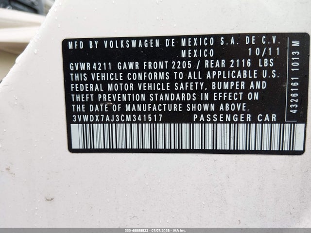 Продаж на аукціоні авто 2012 Volkswagen Jetta 2.5l Se, vin: 3VWDX7AJ3CM341517, номер лоту: 45555533